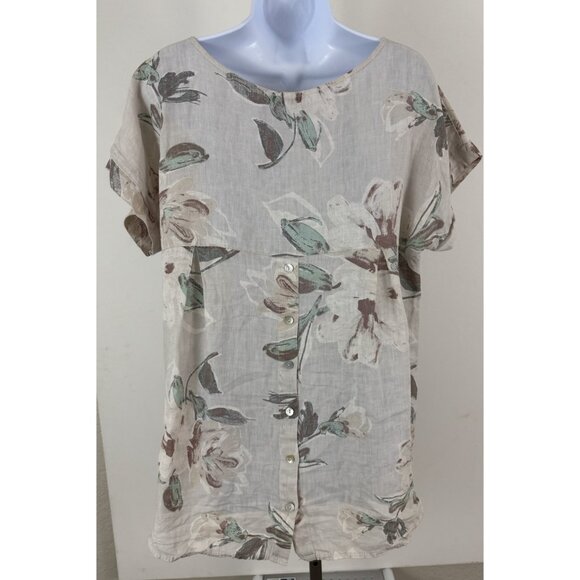 TERZO MILLENNIO Italy Pullover Linen Short Sleeve Blouse Beige Floral Sz S - Picture 4 of 5